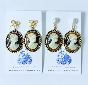 Brown Tortoise Shell & Pearl Cameo Earrings