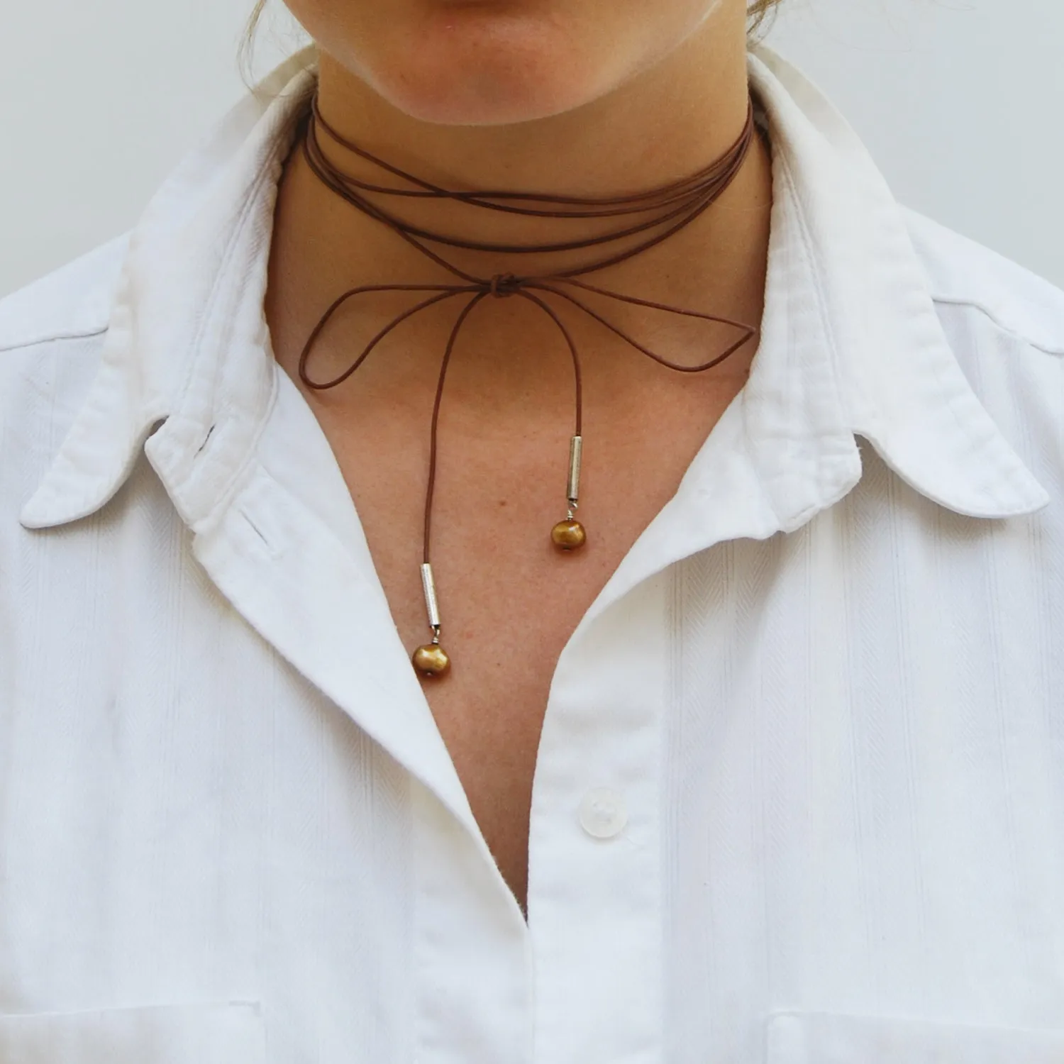 Copper Freshwater Pearl & Leather 'Parisian' Choker