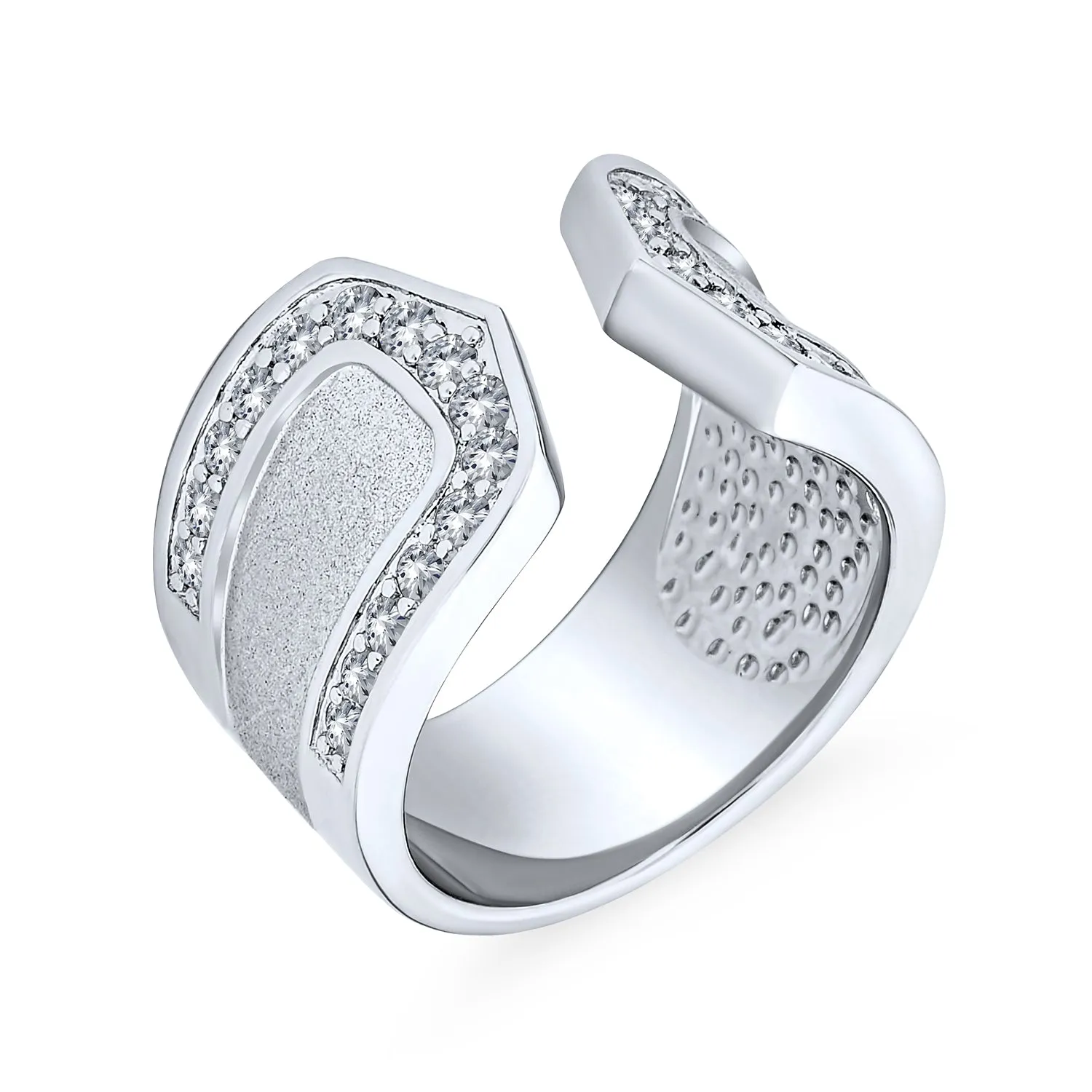 Geometric Boho CZ Accent Cocktail Statement Ring Brushed Matte Open Band Silver