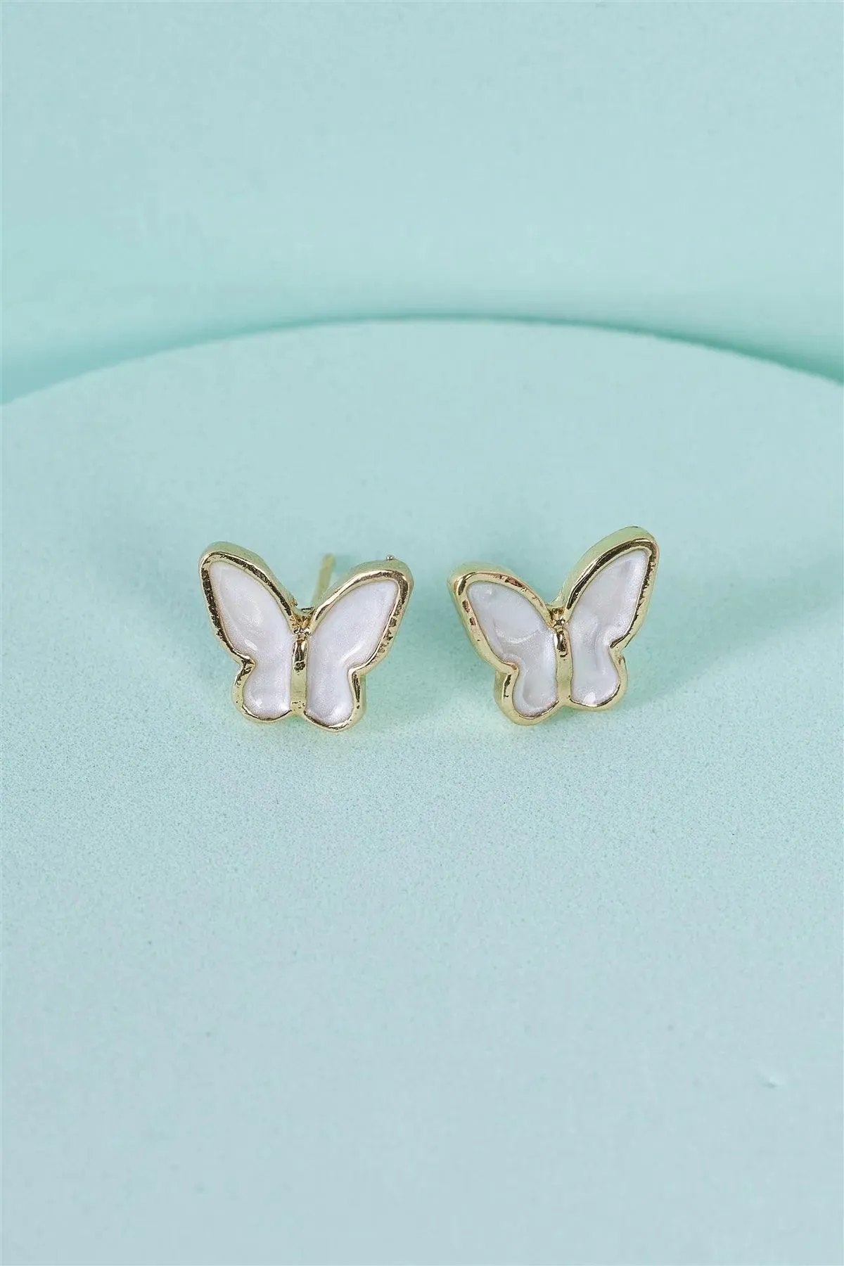 Gold & White Butterfly Shaped Stud Earrings /3 Pairs