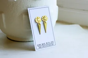 Gold drop earrings with vibrant sun stud, gold spike earrings, unique earrings gift for her
