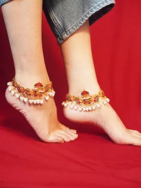 Gold-Plated Baraati Payal Anklets with White Pearls and Palki Design