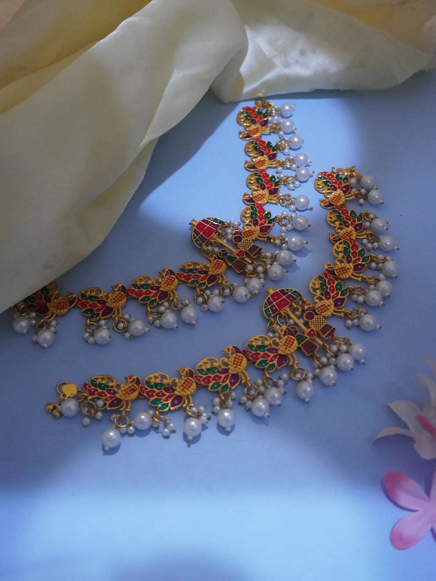 Gold-Plated Baraati Payal Anklets with White Pearls and Palki Design