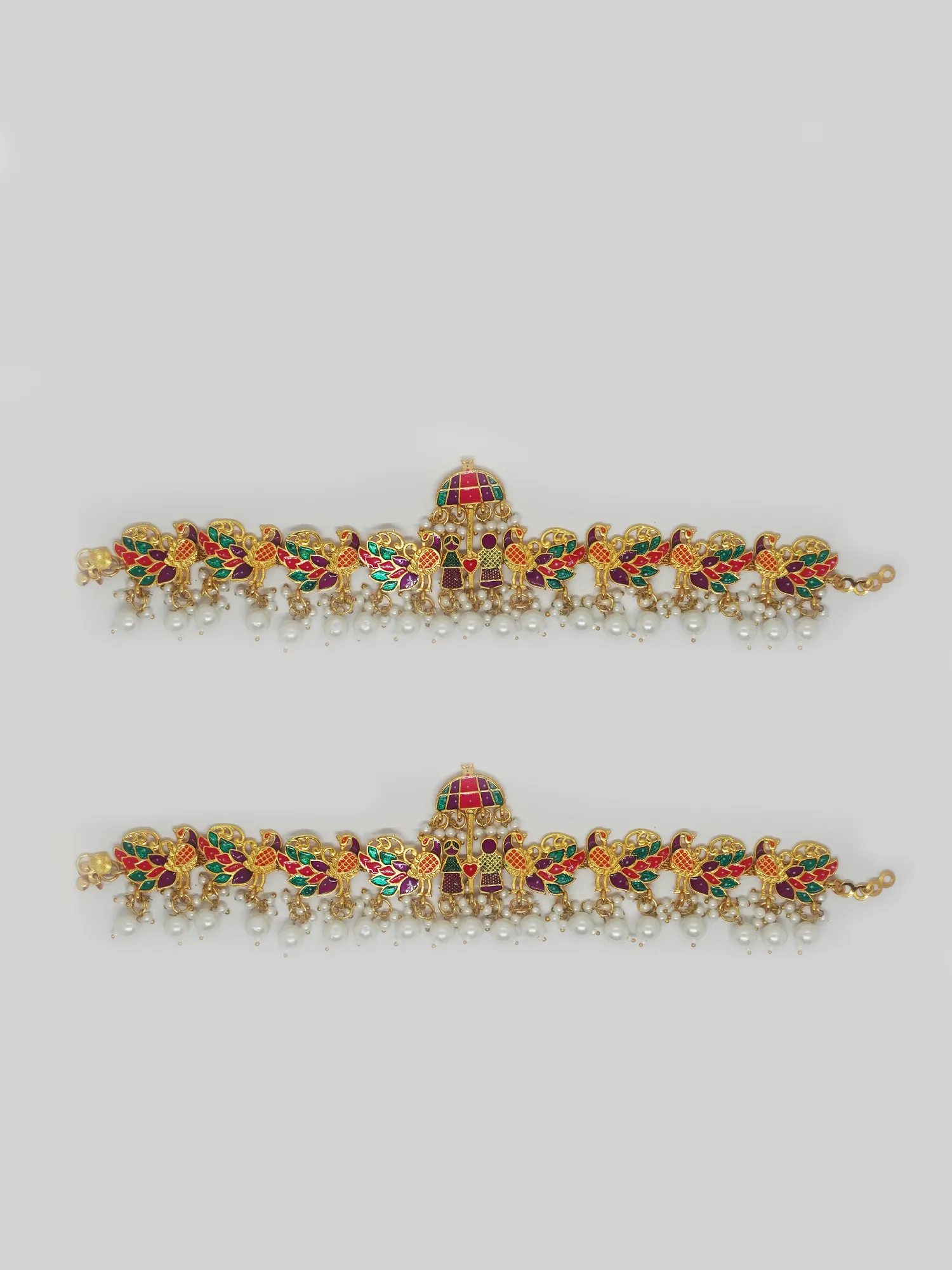 Gold-Plated Baraati Payal Anklets with White Pearls and Palki Design