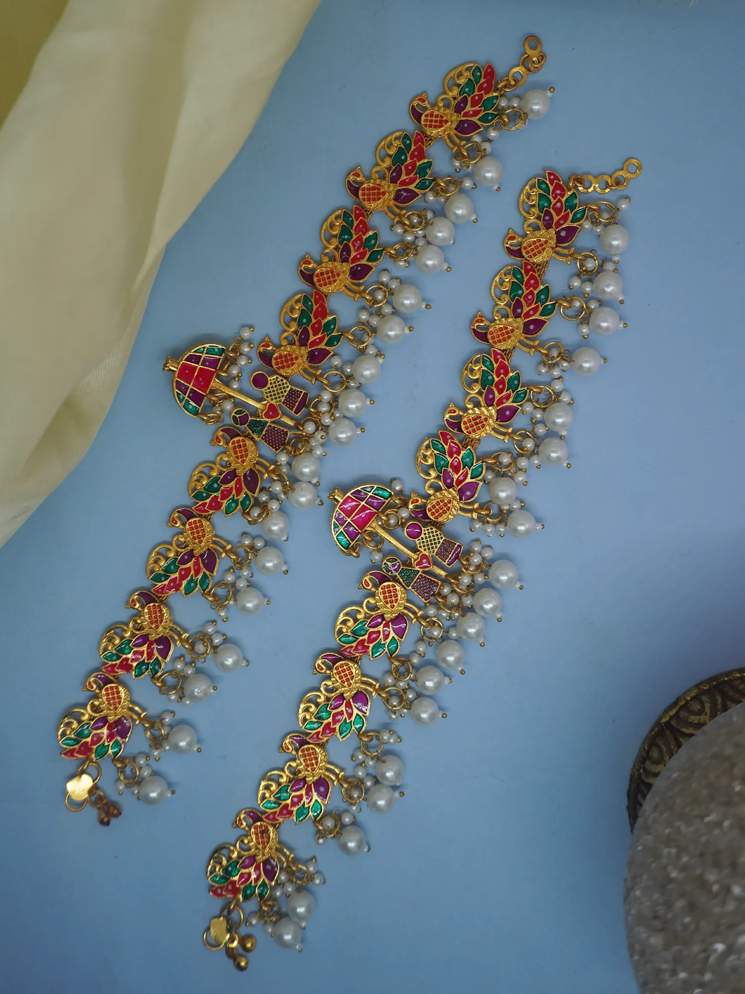 Gold-Plated Baraati Payal Anklets with White Pearls and Palki Design