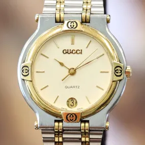 GUCCI 9000M Watch Date Indicator Two-Tone Case & Bracelet Swiss Made Quartz Wristwatch