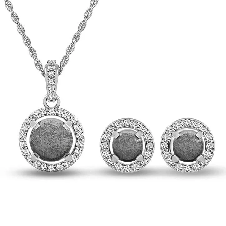 Halo Diamond & Meteorite Gift Set, Matching Earrings and Necklace