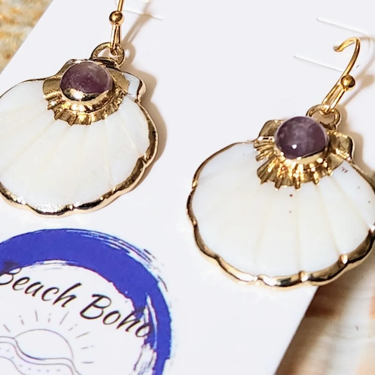 HAPPY AMETHYST - CARVED SHELL ELECTROPLATED HOOK EARRINGS