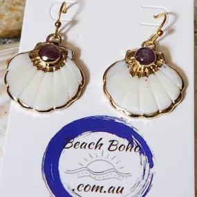 HAPPY AMETHYST - CARVED SHELL ELECTROPLATED HOOK EARRINGS