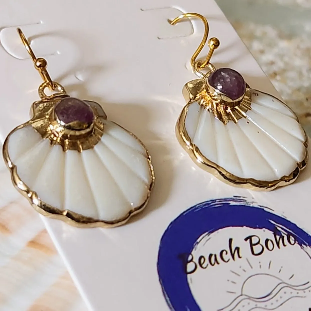 HAPPY AMETHYST - CARVED SHELL ELECTROPLATED HOOK EARRINGS