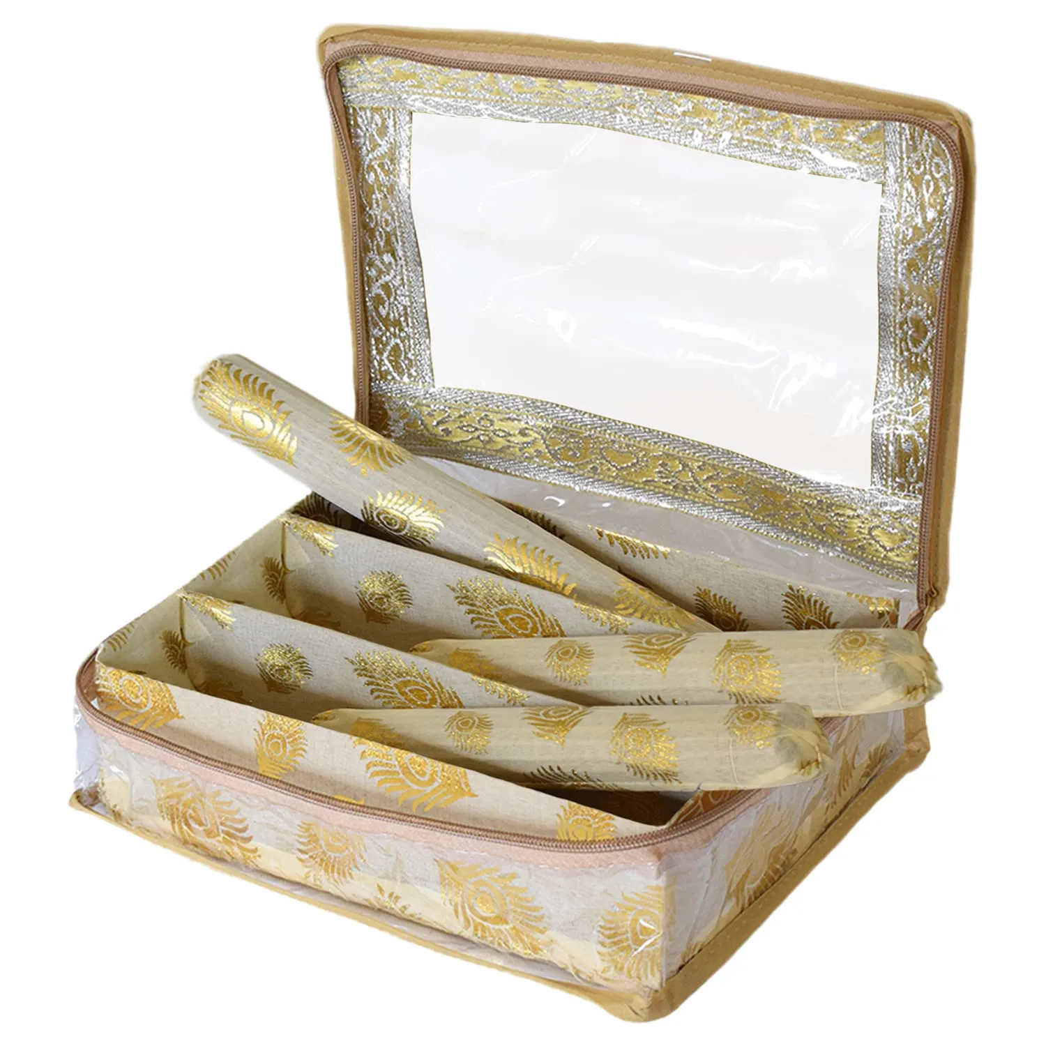 Heart Home Feather Design Laminated 3 Rod Box, Organizer For Bangle, Watches, Bracelets, Jewellery With Tranasparent Top - Pack of 2 (Gold)-47HH0180