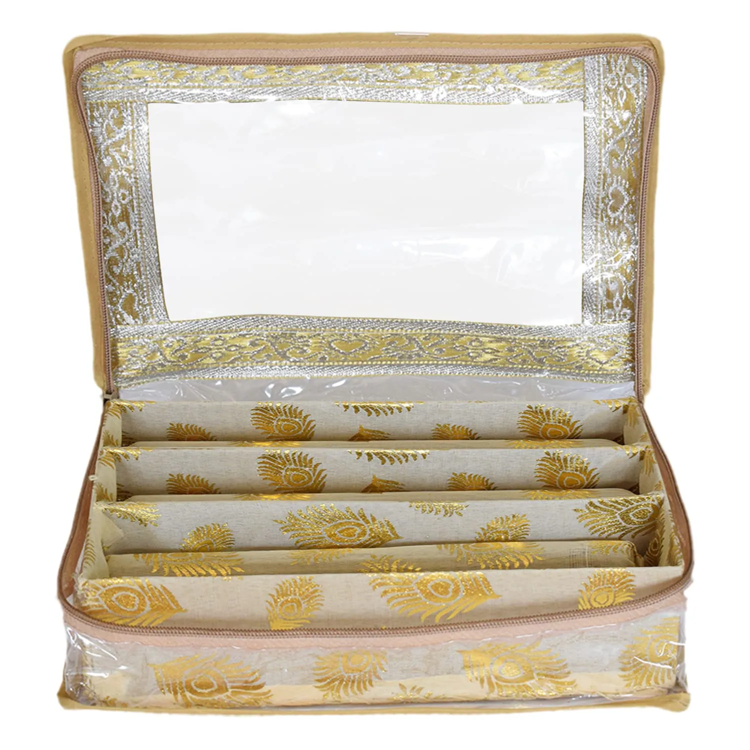 Heart Home Feather Design Laminated 3 Rod Box, Organizer For Bangle, Watches, Bracelets, Jewellery With Tranasparent Top - Pack of 2 (Gold)-47HH0180