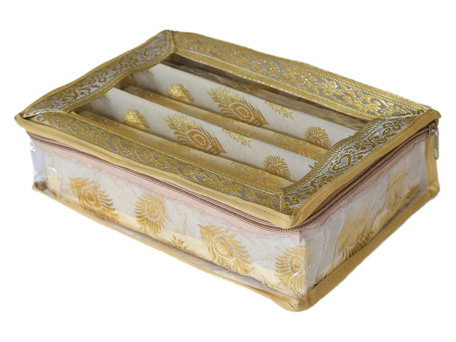 Heart Home Feather Design Laminated 3 Rod Box, Organizer For Bangle, Watches, Bracelets, Jewellery With Tranasparent Top - Pack of 2 (Gold)-47HH0180