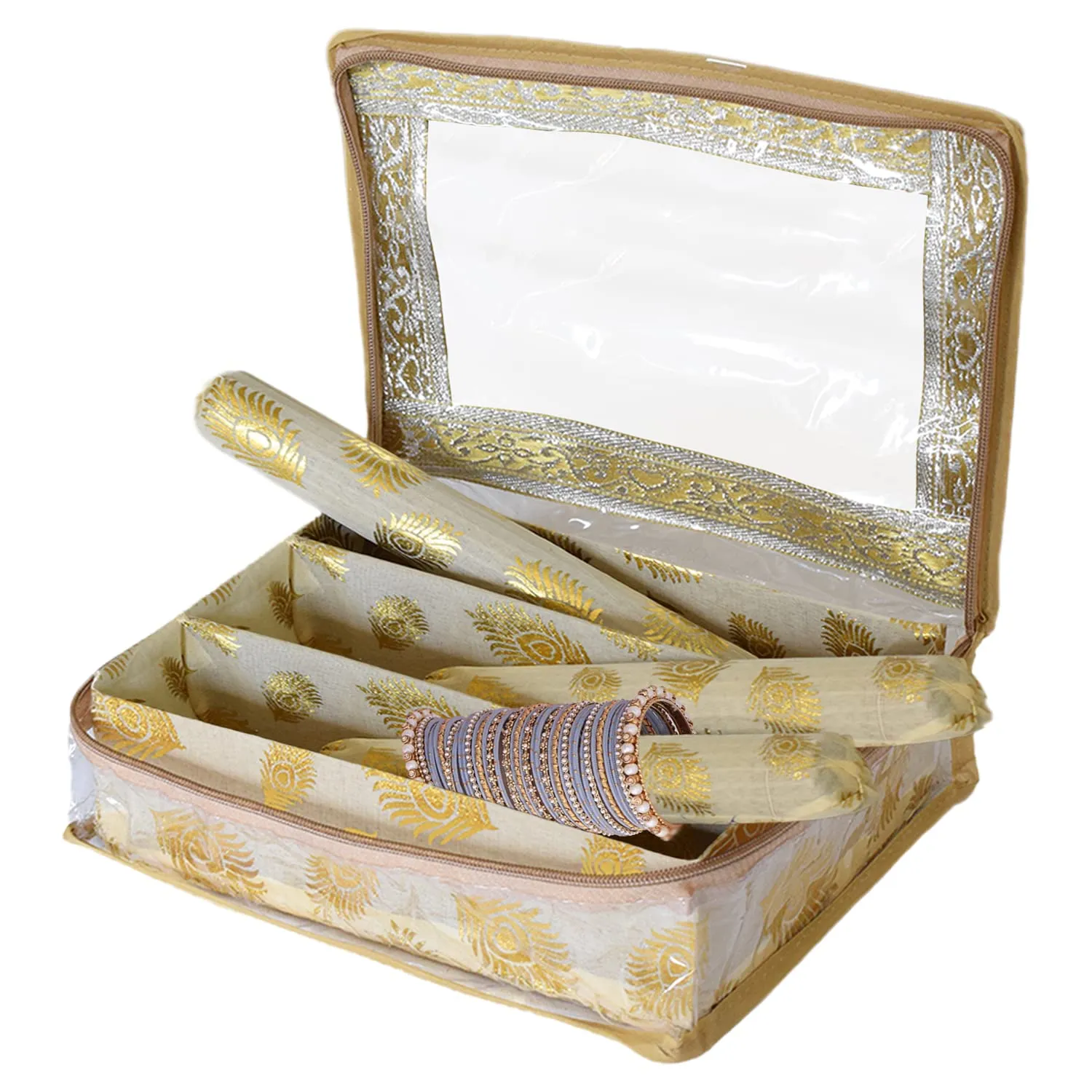 Heart Home Feather Design Laminated 3 Rod Box, Organizer For Bangle, Watches, Bracelets, Jewellery With Tranasparent Top - Pack of 2 (Gold)-47HH0180
