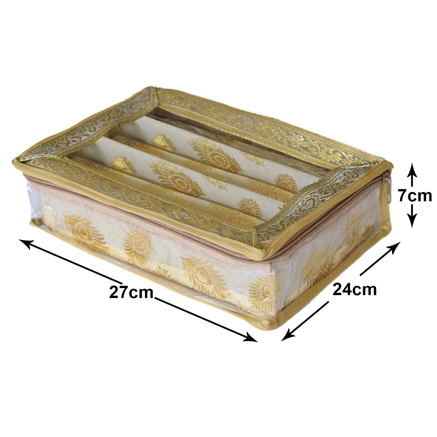 Heart Home Feather Design Laminated 3 Rod Box, Organizer For Bangle, Watches, Bracelets, Jewellery With Tranasparent Top - Pack of 2 (Gold)-47HH0180