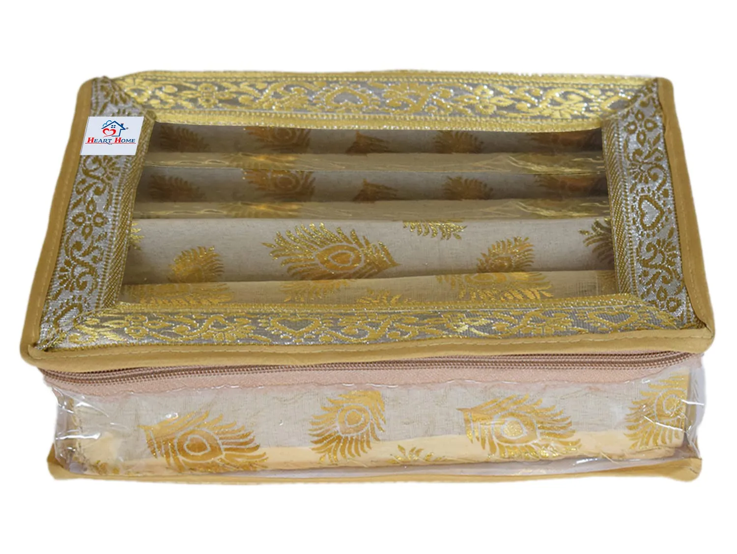 Heart Home Feather Design Laminated 3 Rod Box, Organizer For Bangle, Watches, Bracelets, Jewellery With Tranasparent Top - Pack of 2 (Gold)-47HH0180