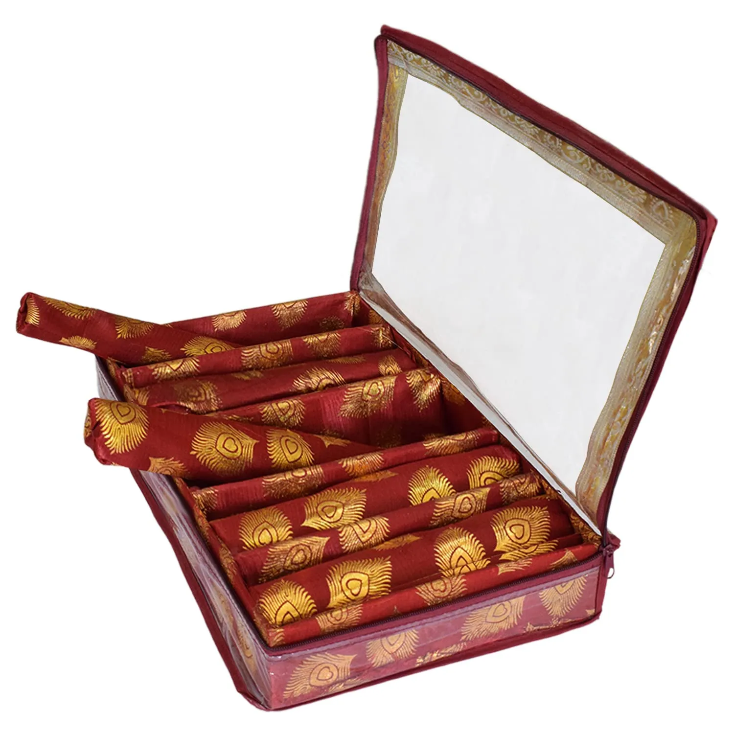 Heart Home Multipurpose Feather Design Laminated 5 Rod Bangle Box/Organizer/Case With Tranasparent Top (Maroon)-47HH0209