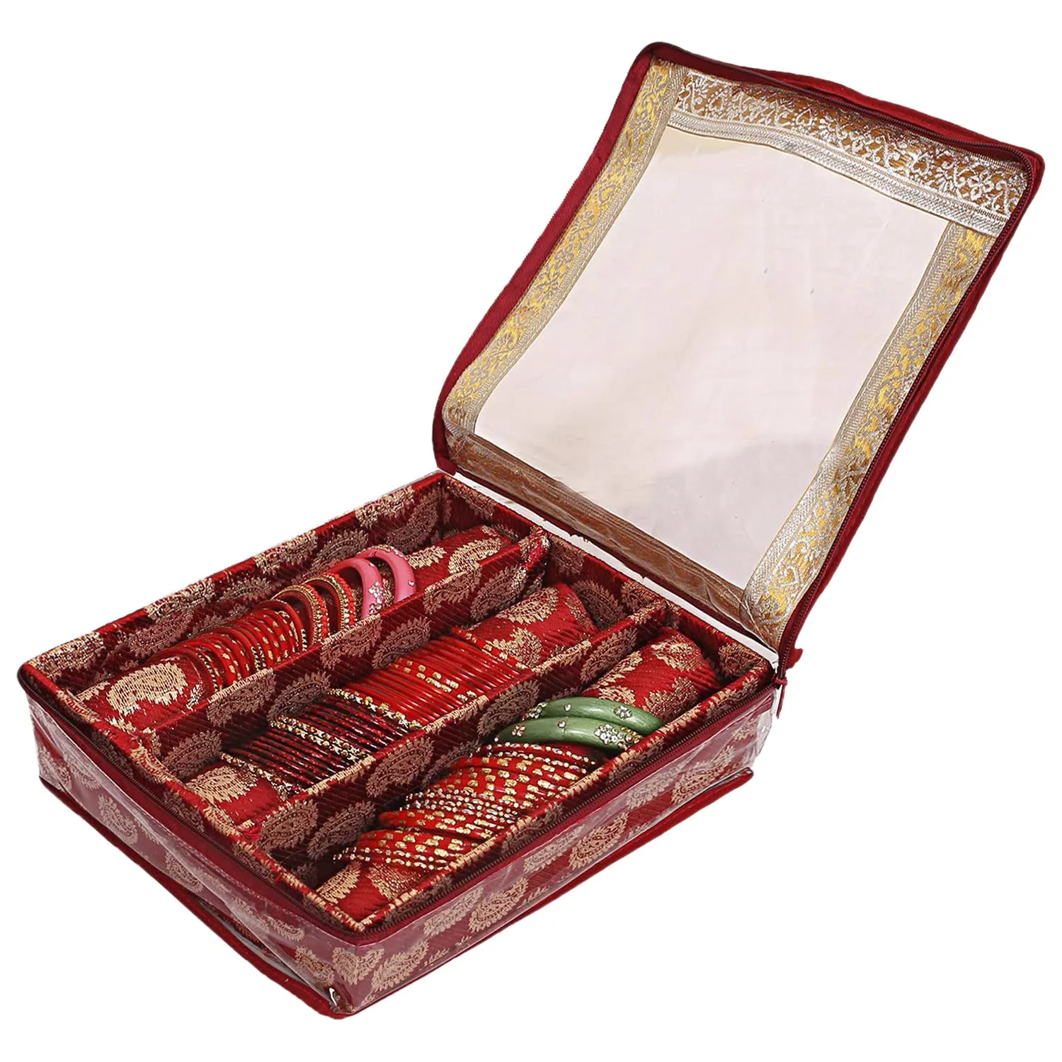 Heart Home Multipurpose Teardrop Pattern Laminated 3 Rod Bangle Box/Organizer/Case With Tranasparent Top (Red)-47HH0489