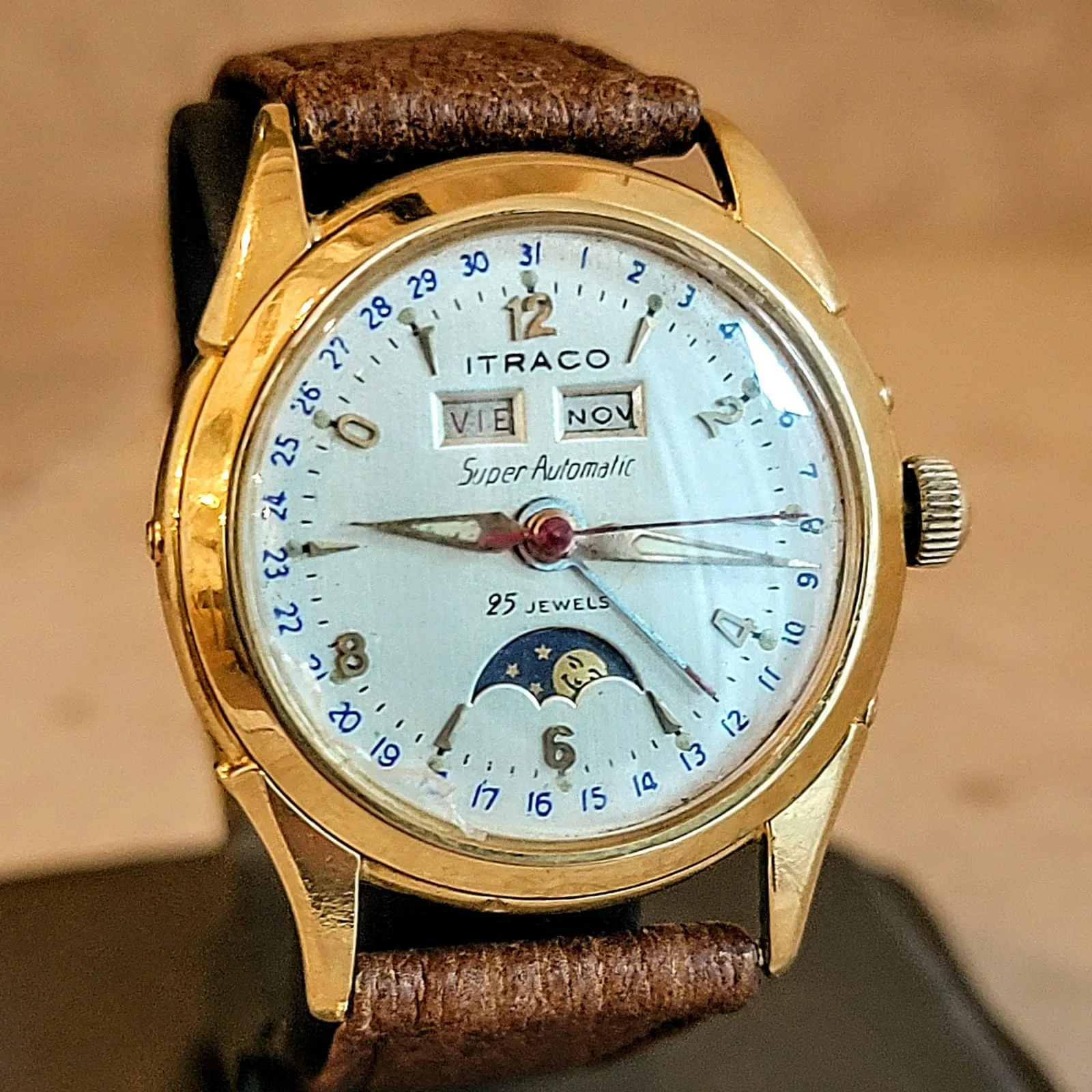 ITRACO Triple Calendar Watch Automatic 18K GOLD Moon Phase Wristwatch