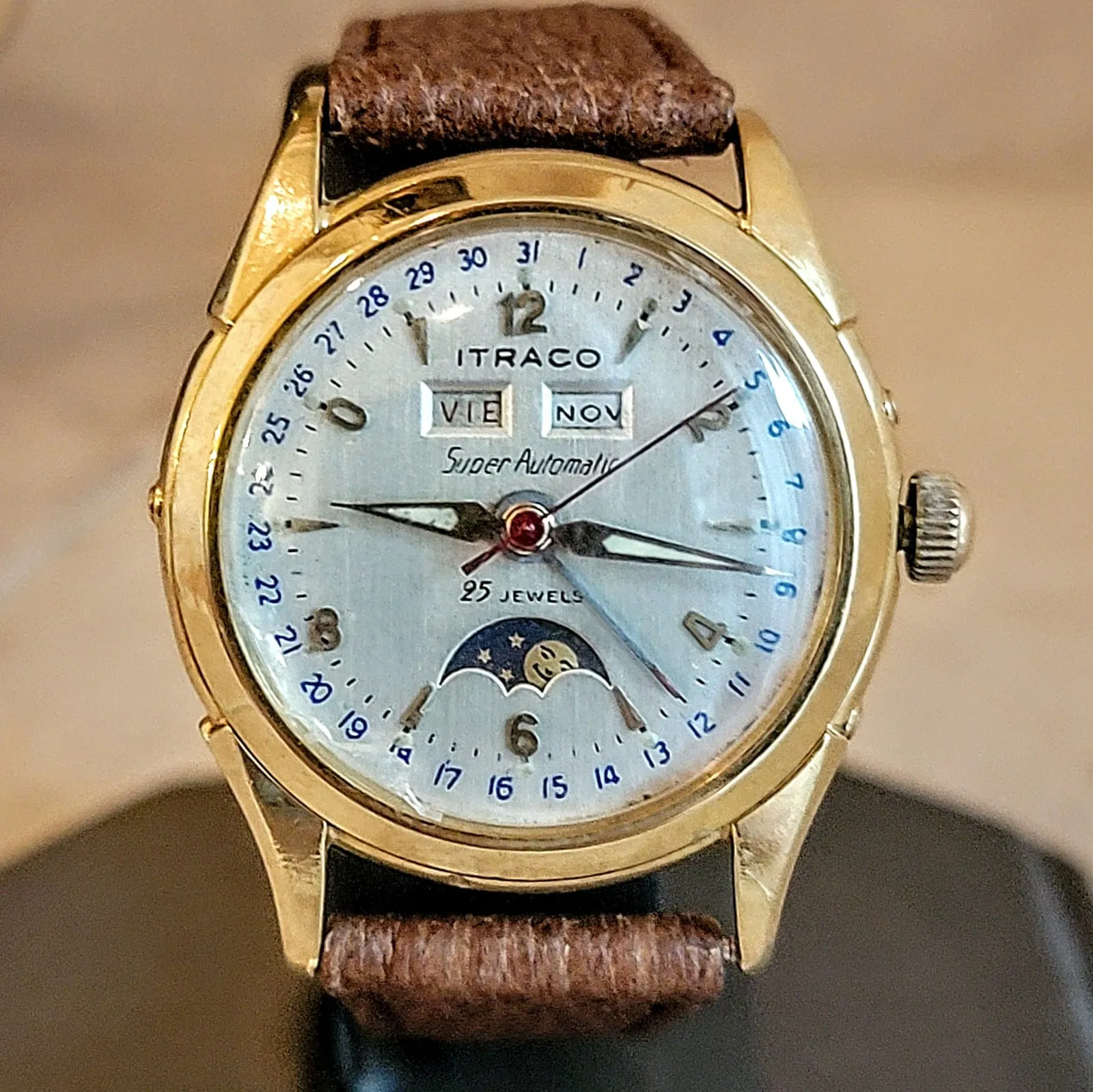 ITRACO Triple Calendar Watch Automatic 18K GOLD Moon Phase Wristwatch