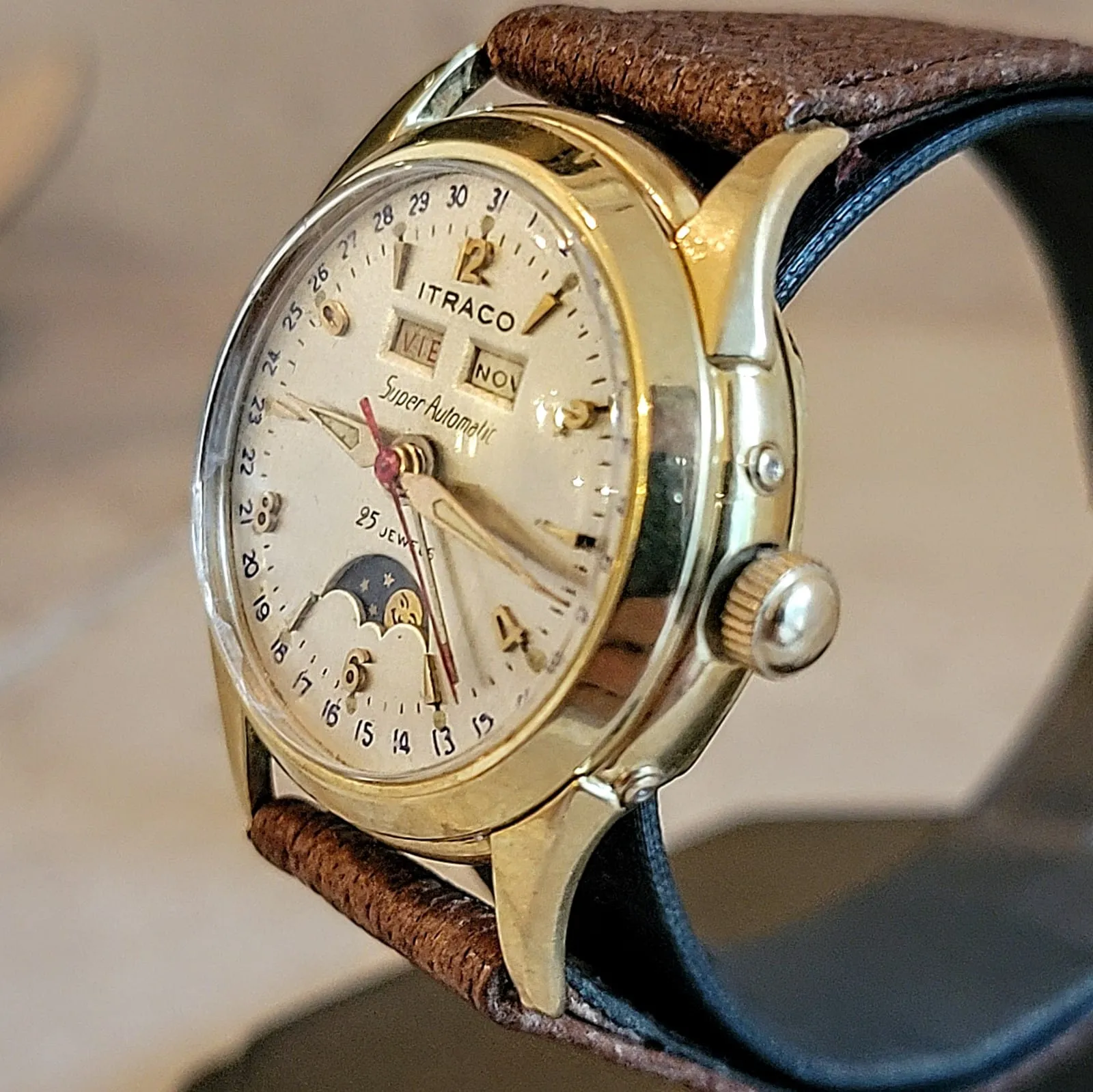 ITRACO Triple Calendar Watch Automatic 18K GOLD Moon Phase Wristwatch