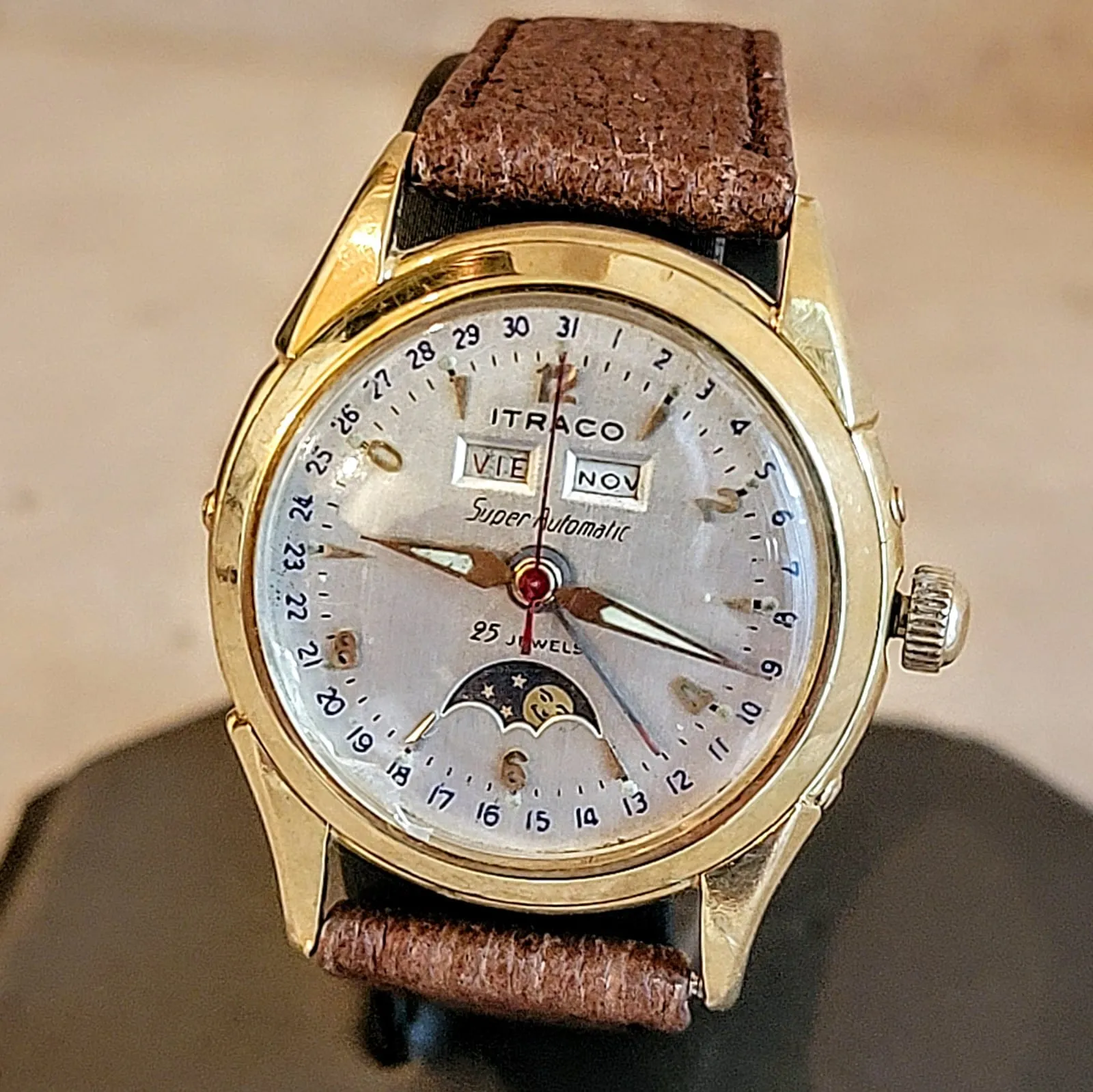 ITRACO Triple Calendar Watch Automatic 18K GOLD Moon Phase Wristwatch