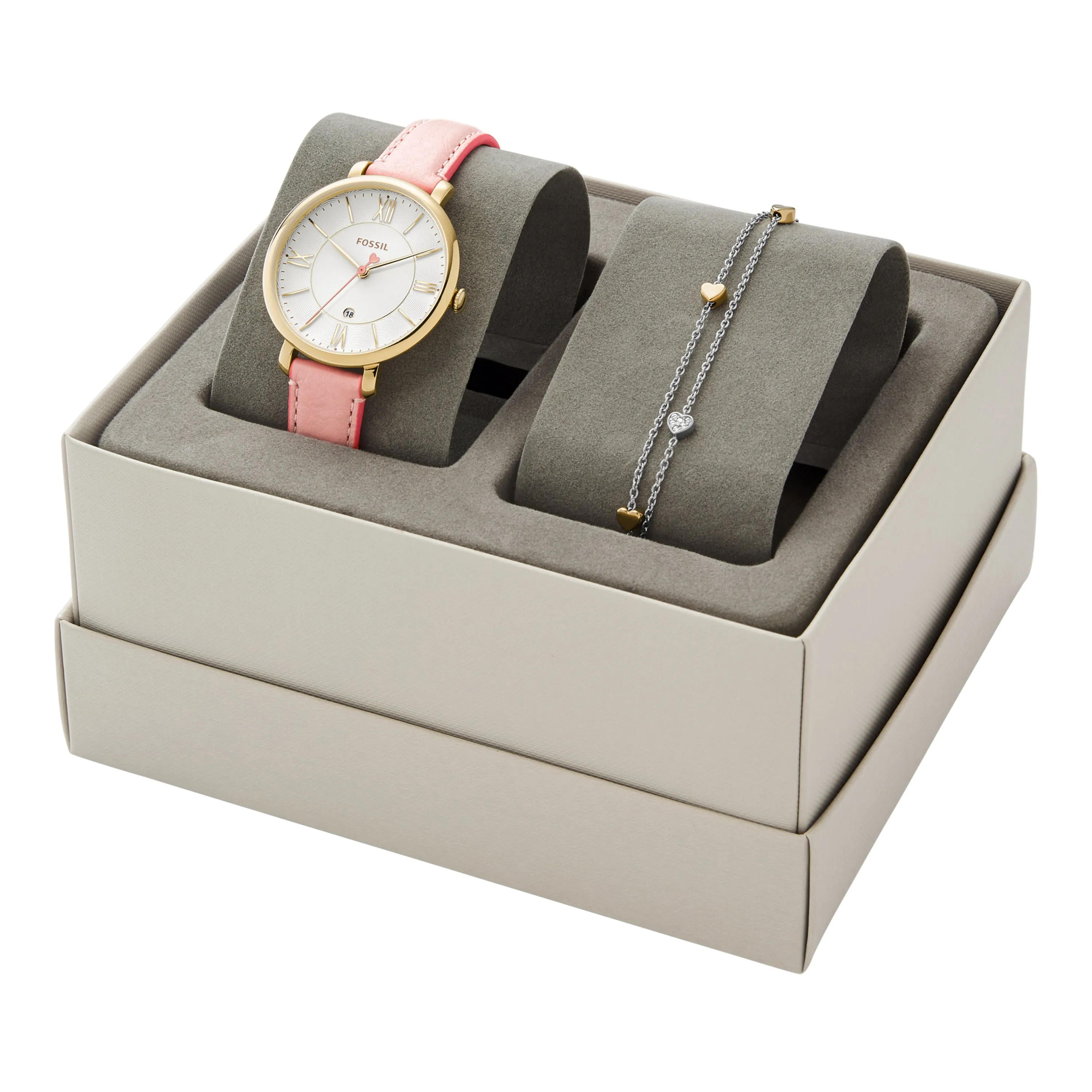Jacqueline Three-Hand Date Light Pink Leather Watch and Bracelet Set