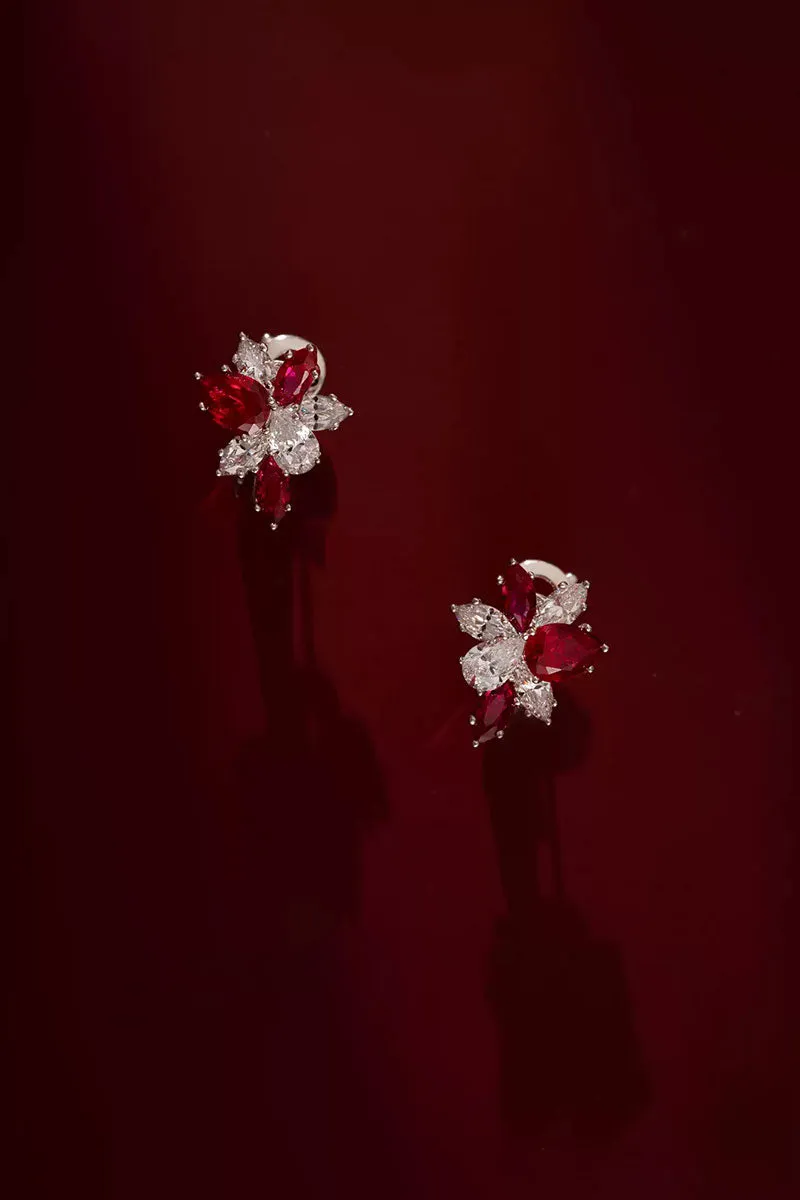Lab Grown Ruby and Diamond Cluster Stud Earrings