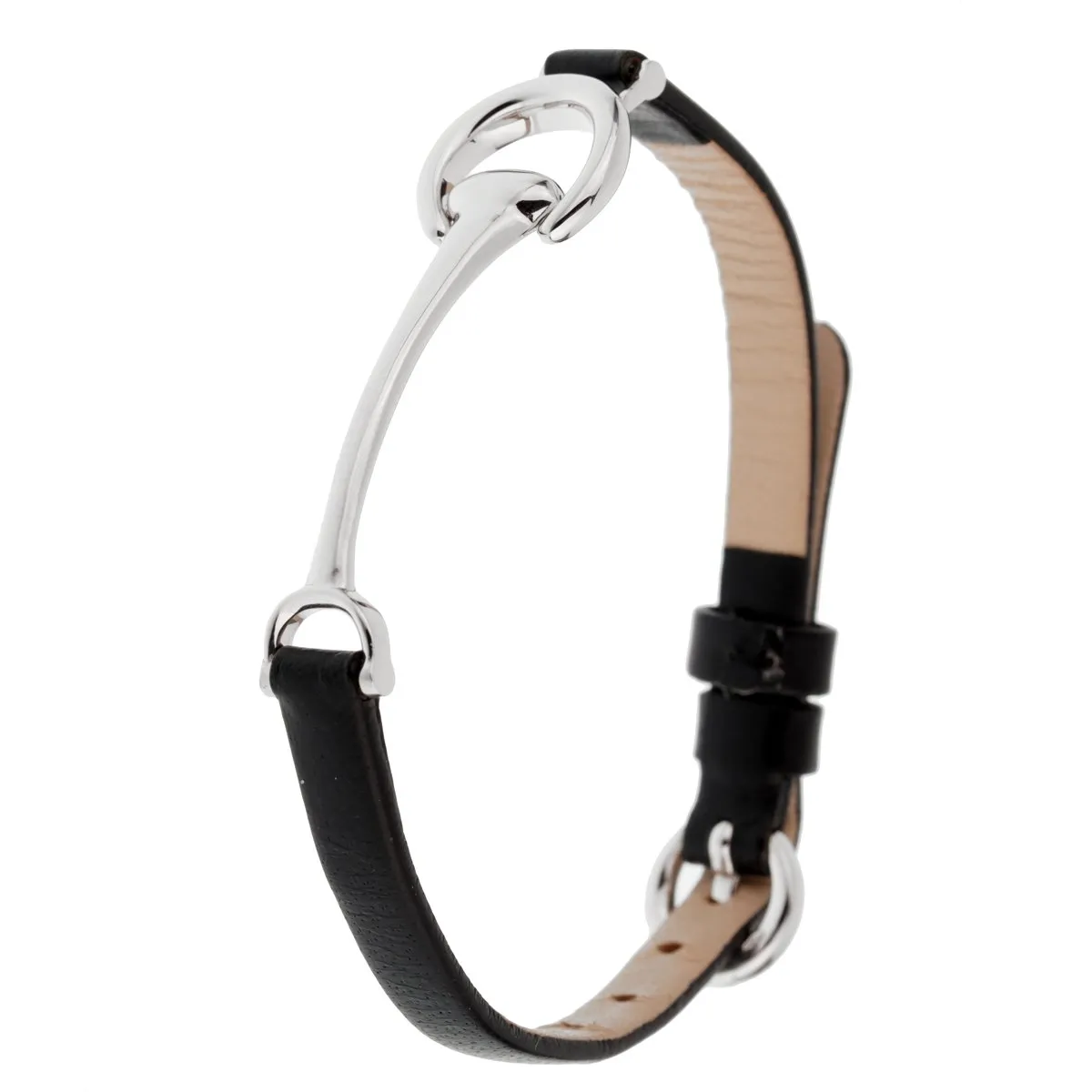 Ladies White Gold Black Leather Horsebit Bracelet