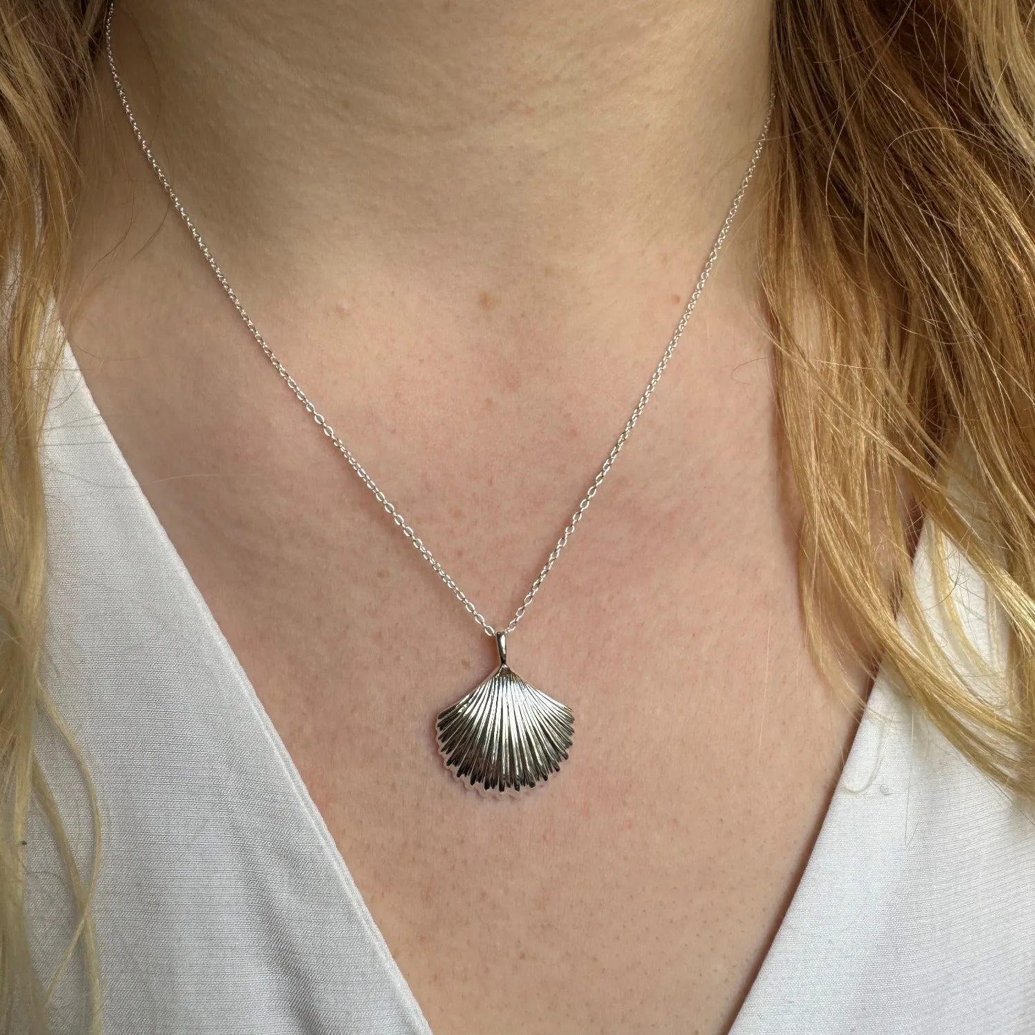 Large Scallop Shell Sterling Silver Necklace