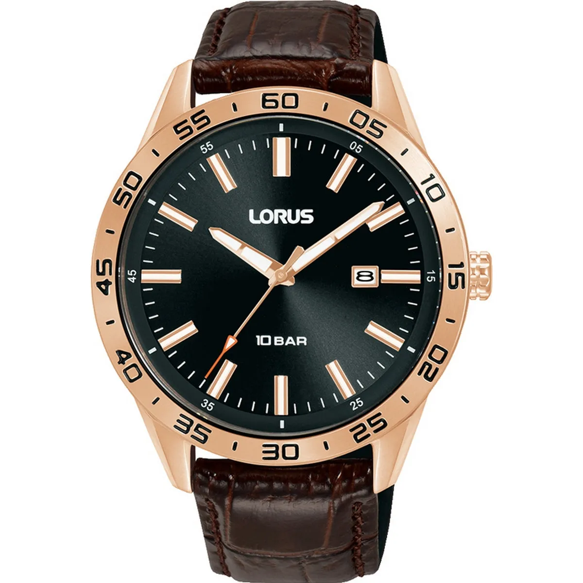 lorus quartz gents rose gold black dial strap watch