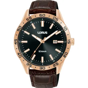 lorus quartz gents rose gold black dial strap watch