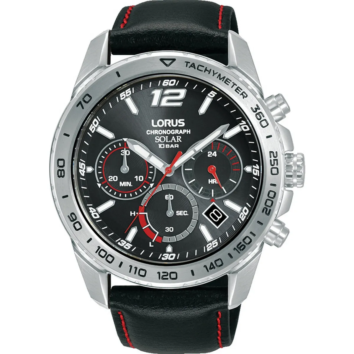 lorus solar chronograph gents stainless steel black dial strap watch