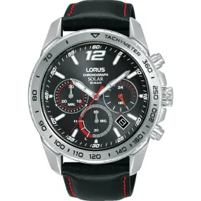 lorus solar chronograph gents stainless steel black dial strap watch