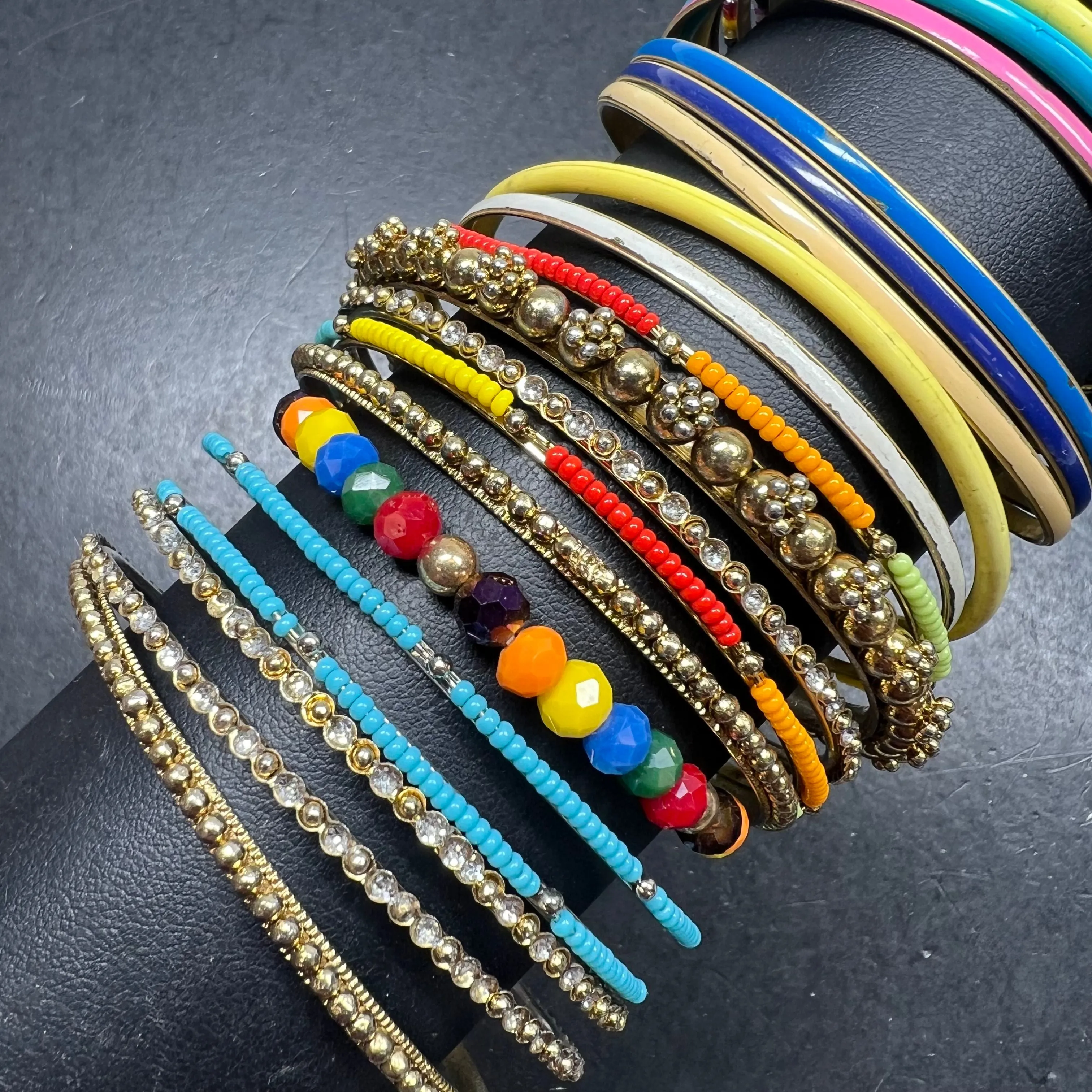 Lot of Colorful Multi Color Bangles Beaded Accents Gold Tone Bracelets
