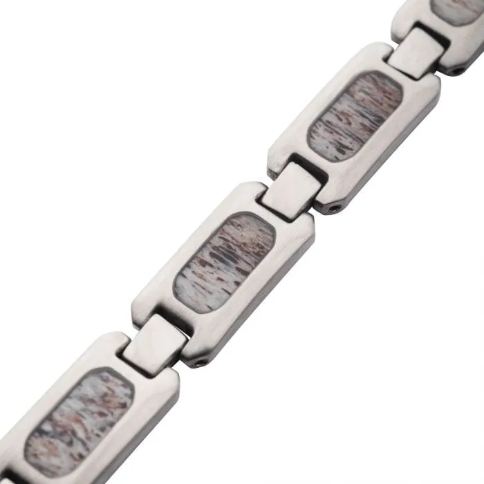 Matte Finish Silver Tone Stainless Steel Deer Antler Inlay Link Bracelet