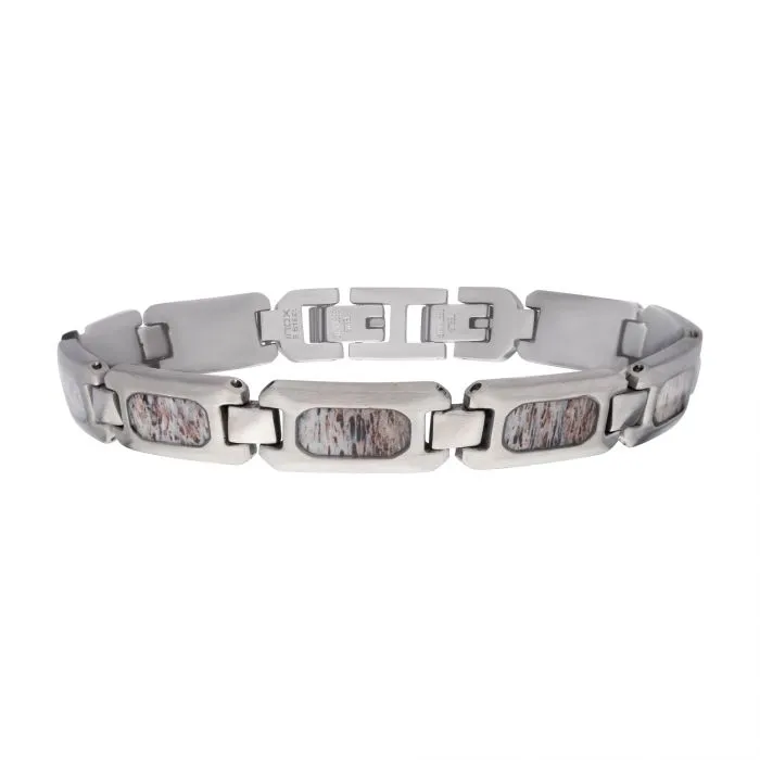 Matte Finish Silver Tone Stainless Steel Deer Antler Inlay Link Bracelet