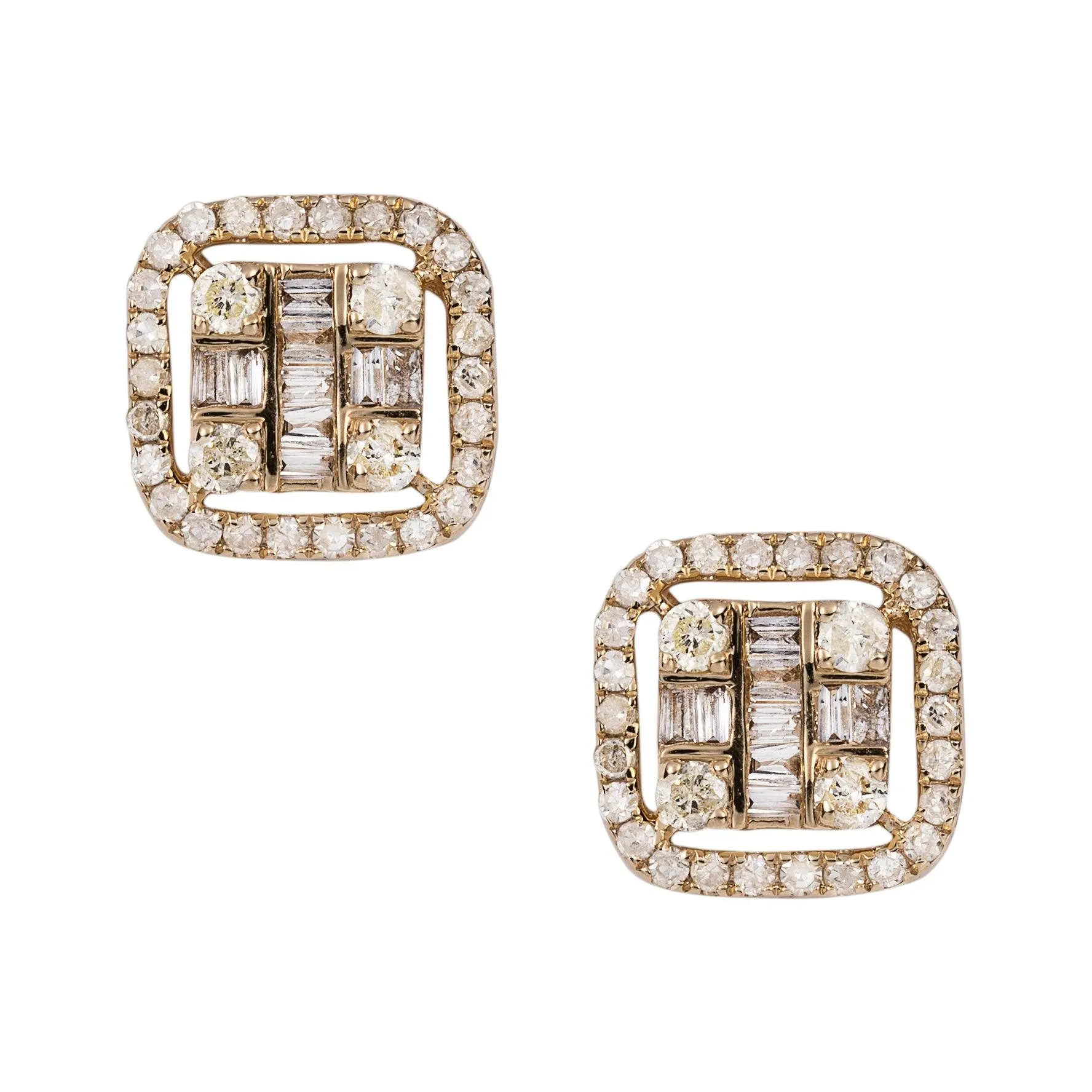 Men's Cushion Baguette & Round Diamond Stud Earrings 0.61ct 14K Yellow Gold