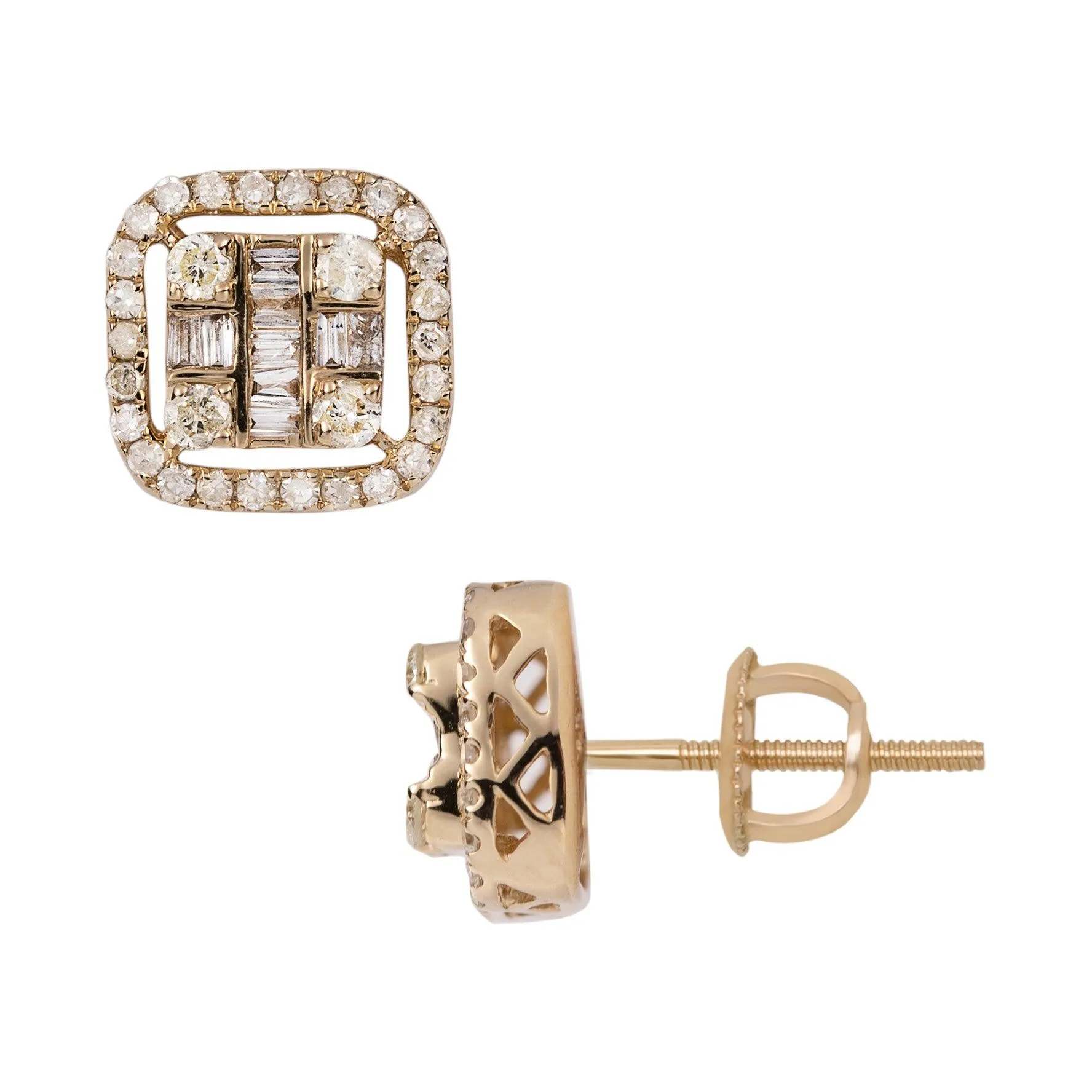 Men's Cushion Baguette & Round Diamond Stud Earrings 0.61ct 14K Yellow Gold