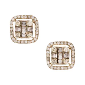 Men's Cushion Baguette & Round Diamond Stud Earrings 0.61ct 14K Yellow Gold