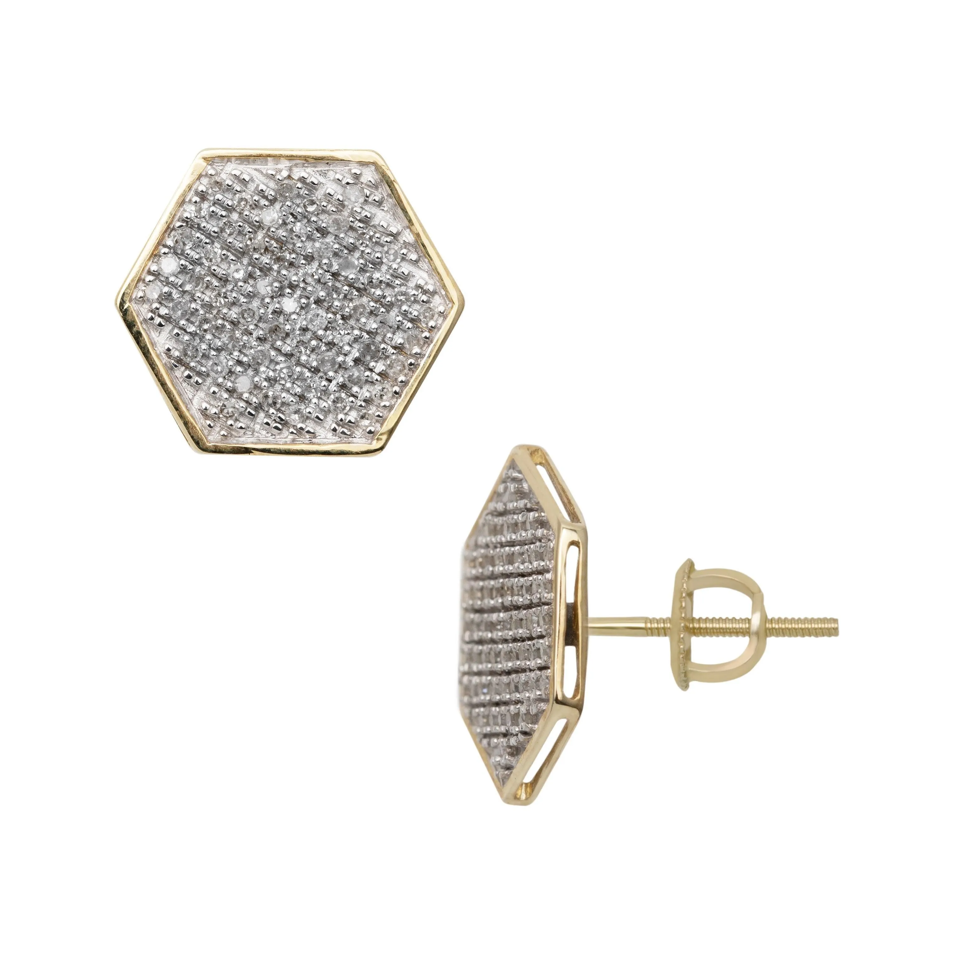 Men's Micro-Pavé Hexagonal Diamond Stud Earrings 0.52ct 10K Yellow Gold