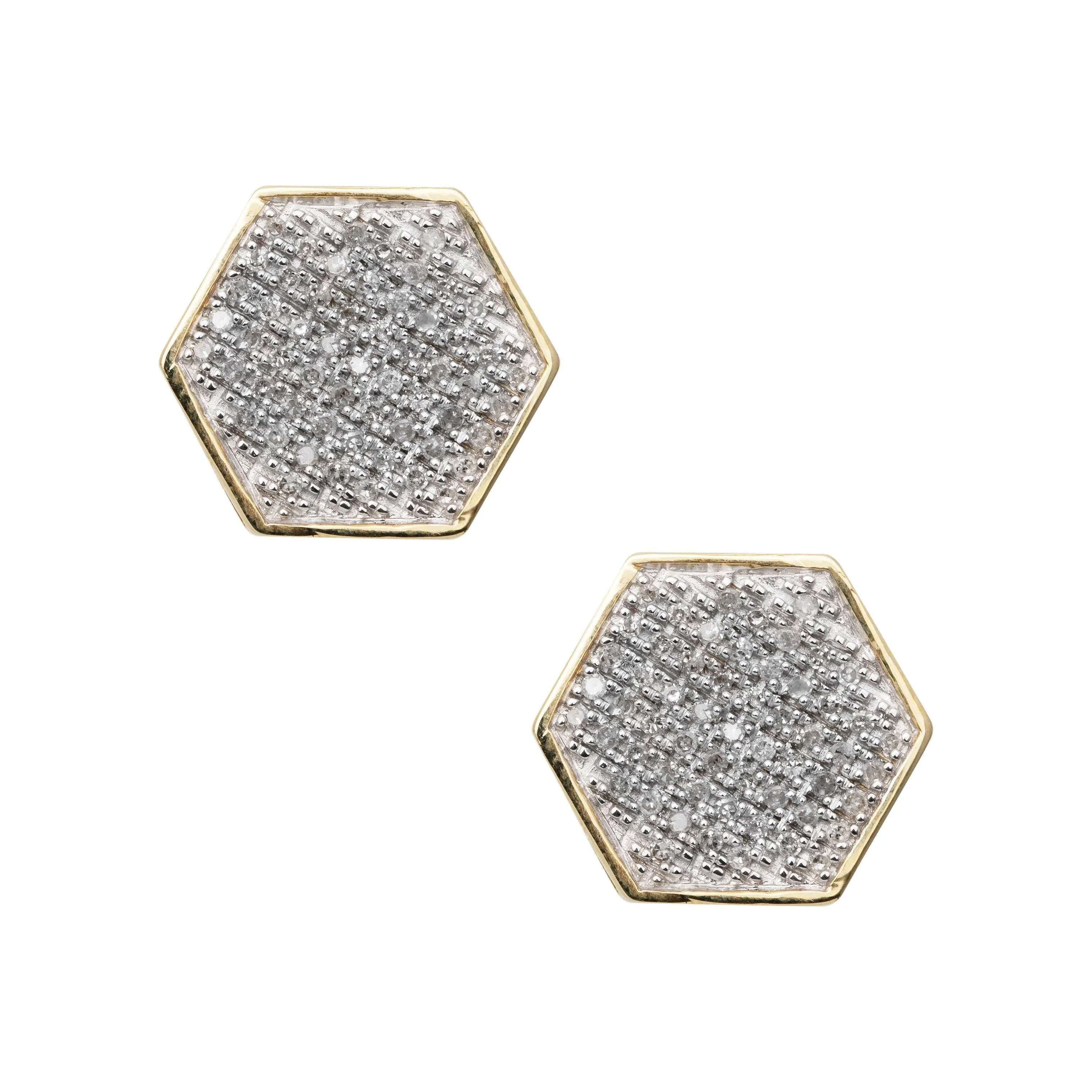 Men's Micro-Pavé Hexagonal Diamond Stud Earrings 0.52ct 10K Yellow Gold
