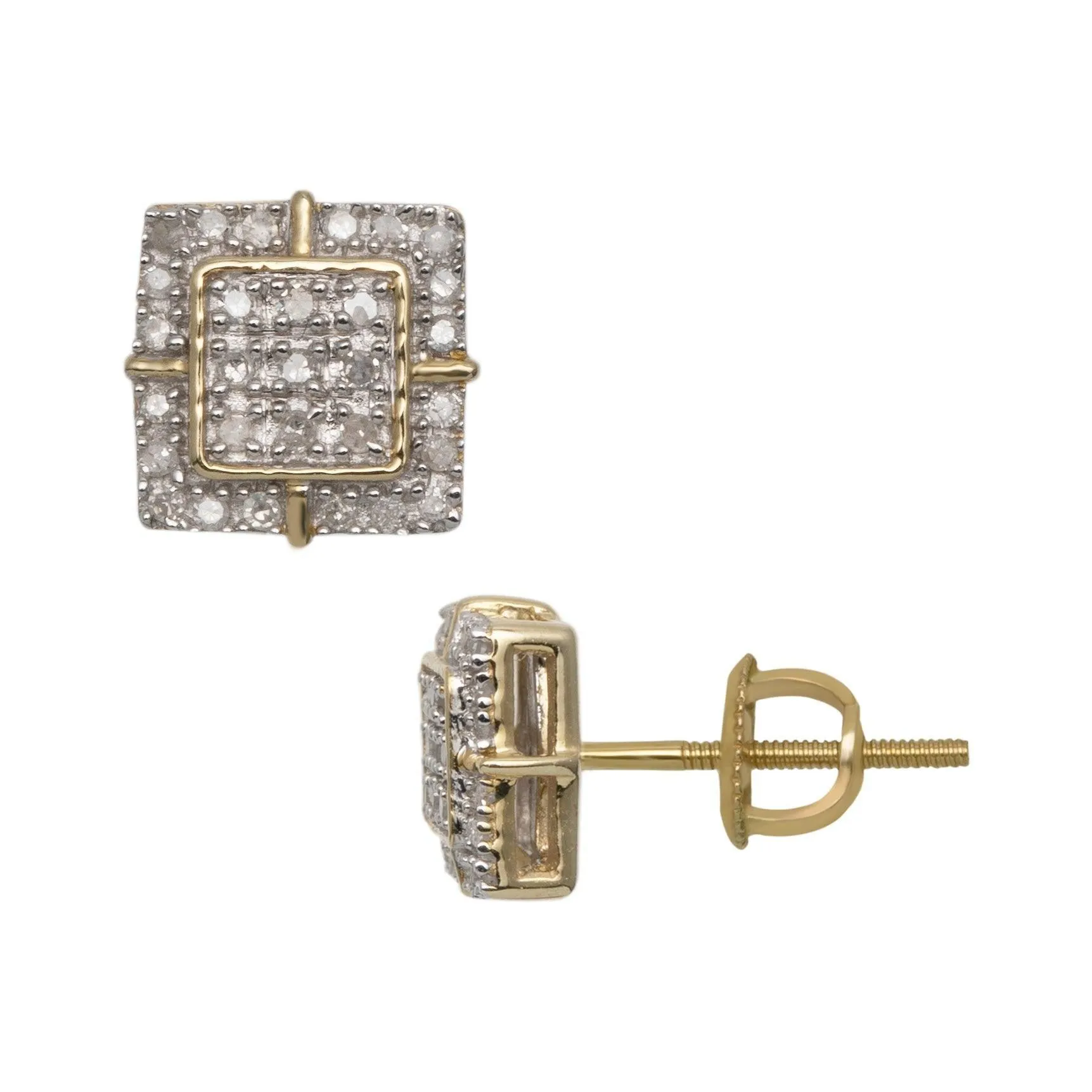 Men's Square Halo Micro-Pavé Diamond Stud Earrings 0.2ct 10K Yellow Gold