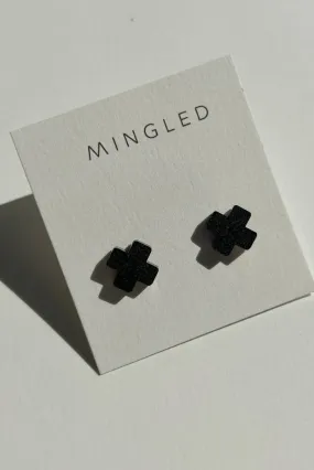 Mingled Black Cross Stud Earrings - Small Cross Earrings, Minimalist