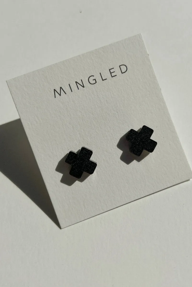 Mingled Black Cross Stud Earrings - Small Cross Earrings, Minimalist