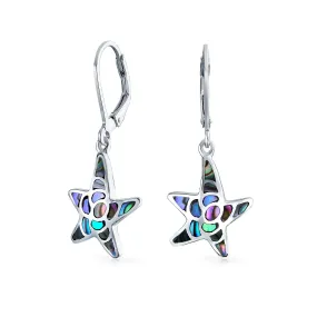 Nautical Starfish Dangle Earrings with Abalone Shell Inlay Sterling Silver Lever Back