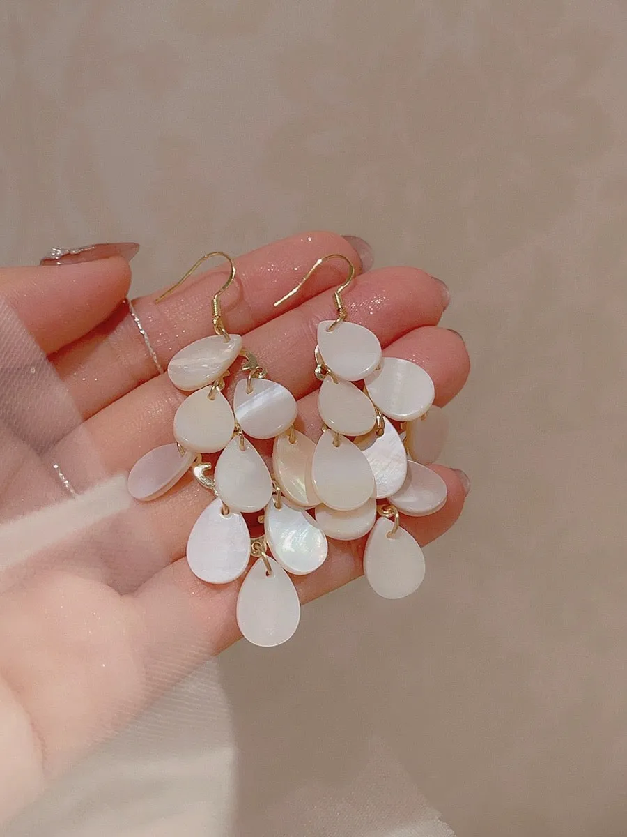 Off white shell tassels drop long earrings