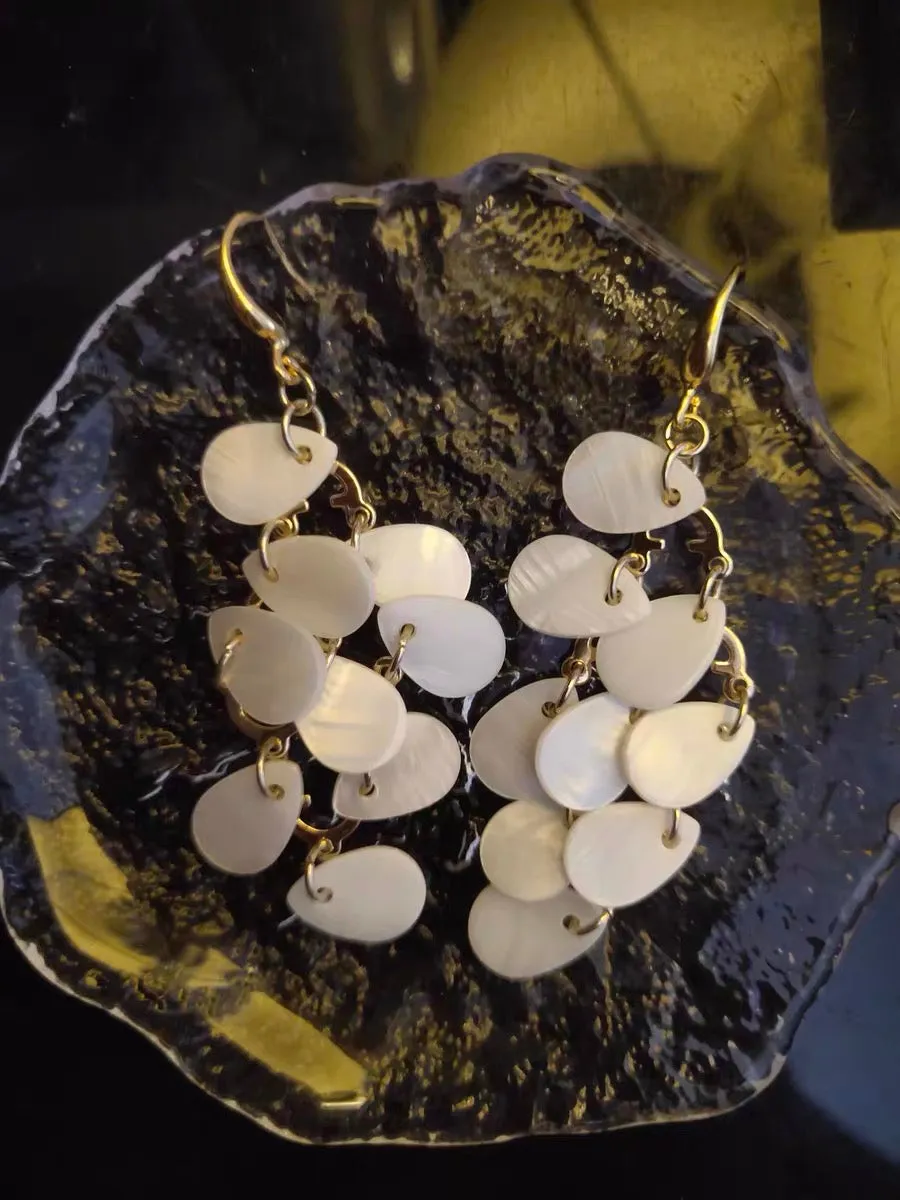 Off white shell tassels drop long earrings