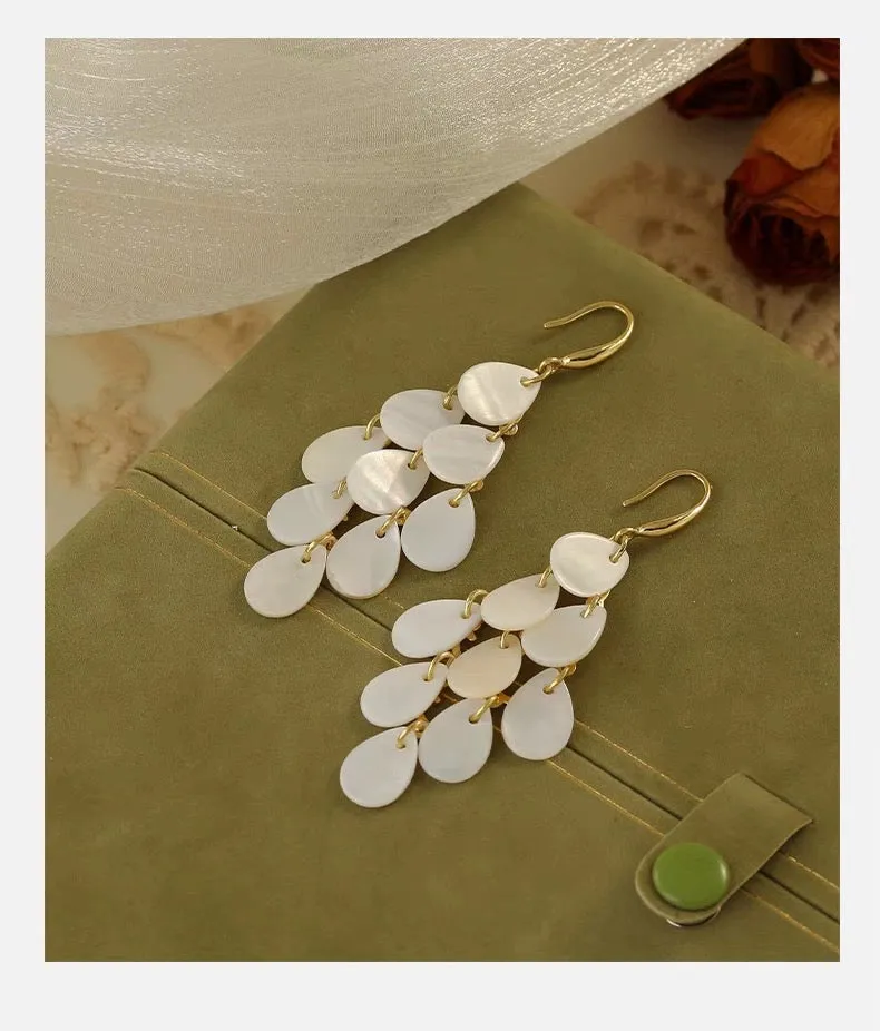 Off white shell tassels drop long earrings