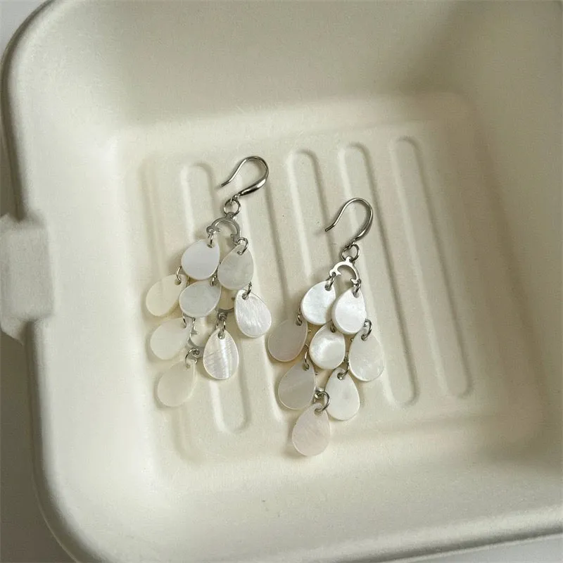 Off white shell tassels drop long earrings